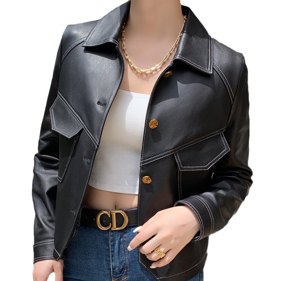 Coat Collar Buckle Leather Women's Short Slim-fitting Jacket