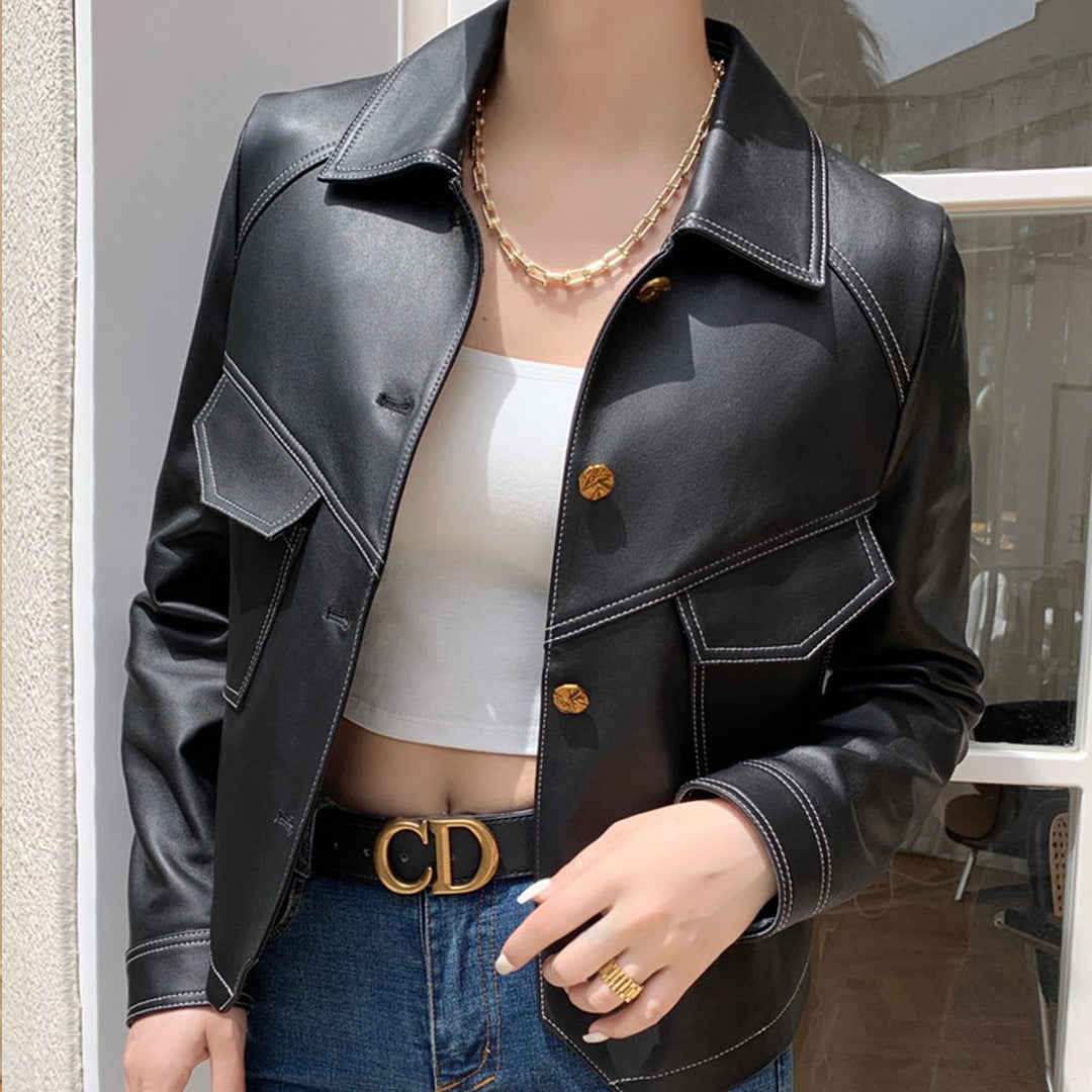 Coat Collar Buckle Leather Women's Short Slim-fitting Jacket