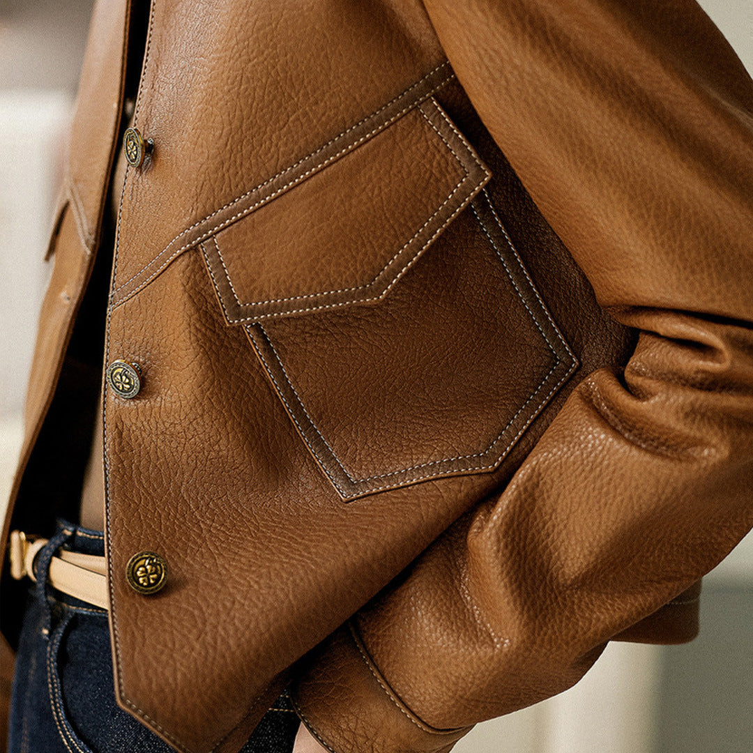 Coat Collar Buckle Leather Women's Short Slim-fitting Jacket