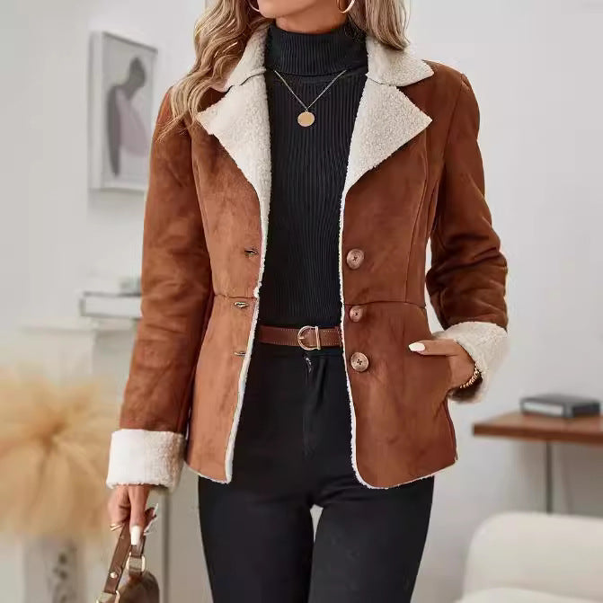 Casual Warm Fur Lapel Pocket Jacket