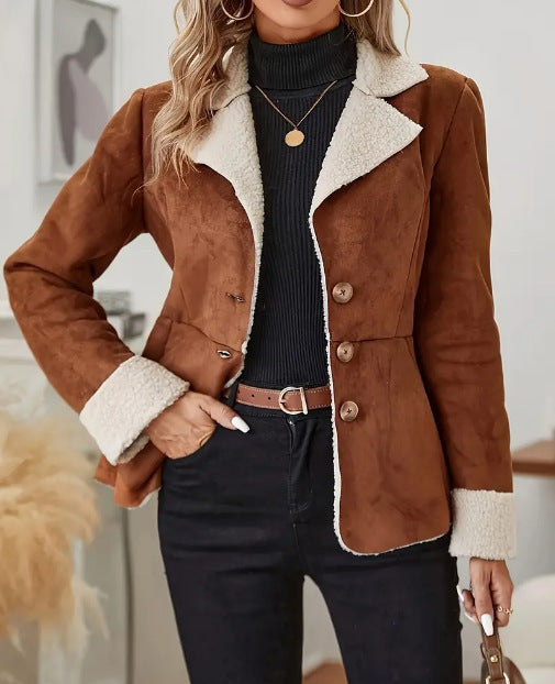 Casual Warm Fur Lapel Pocket Jacket
