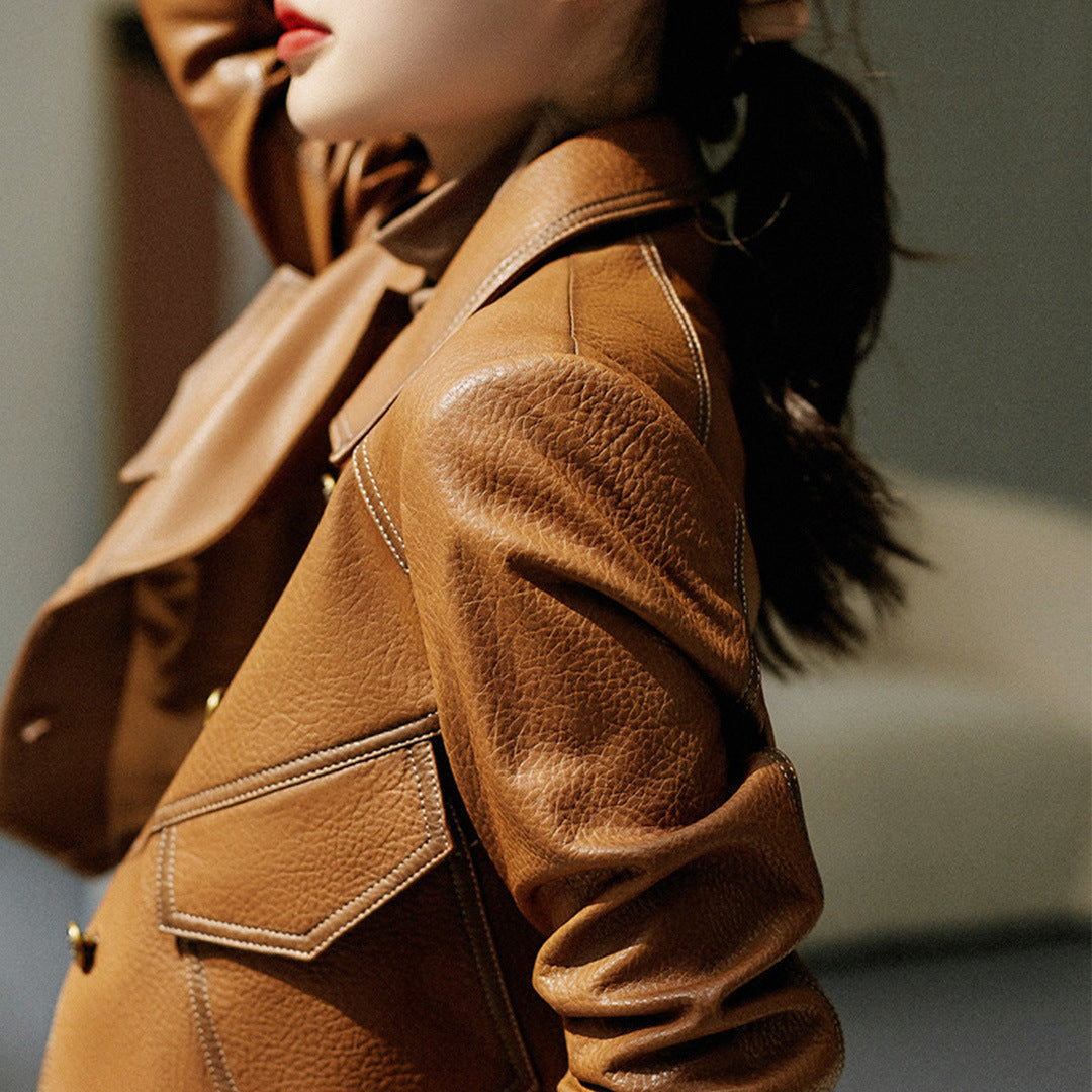 Coat Collar Buckle Leather Women's Short Slim-fitting Jacket