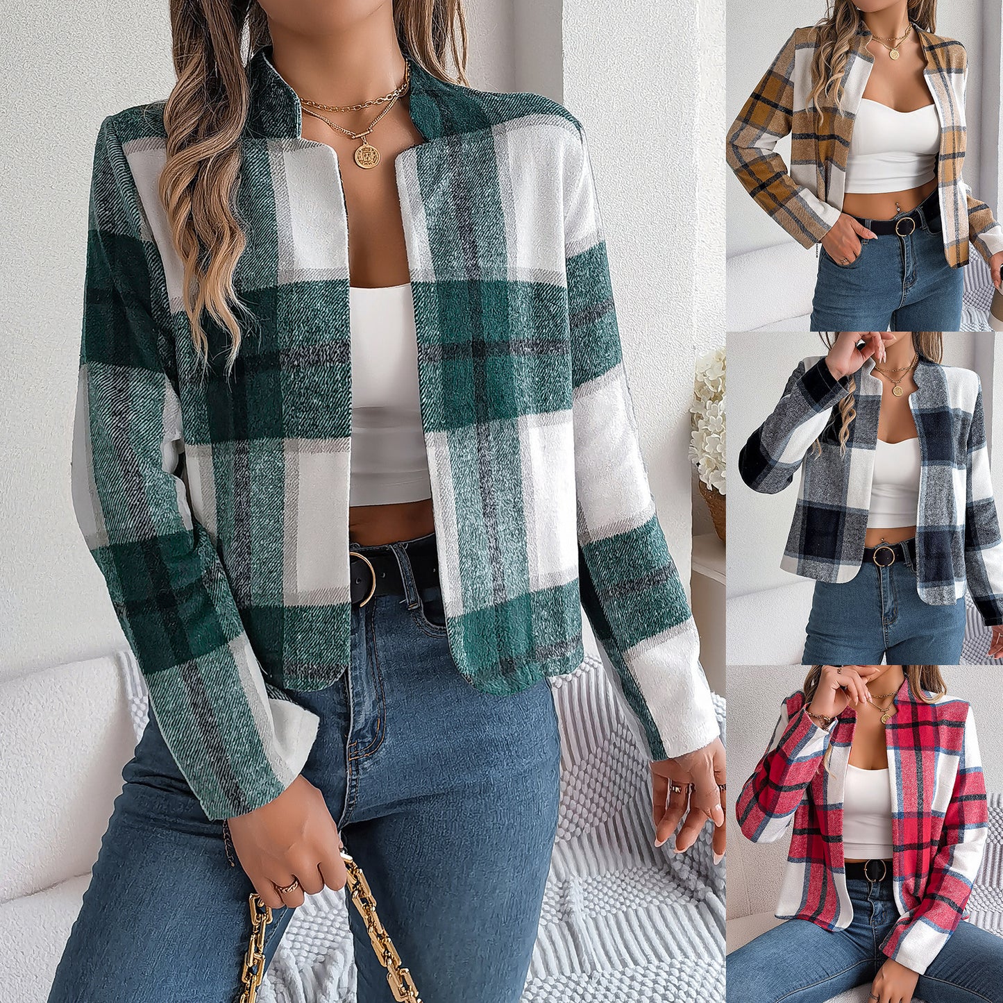 Plaid Woolen Long Sleeve Women's Coat