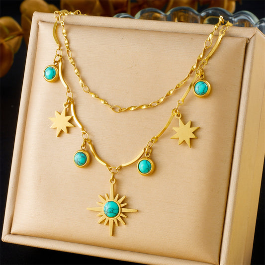 Retro Turquoise Eight-pointed Stars Clavicle Necklace / Double Layer / Jewelry