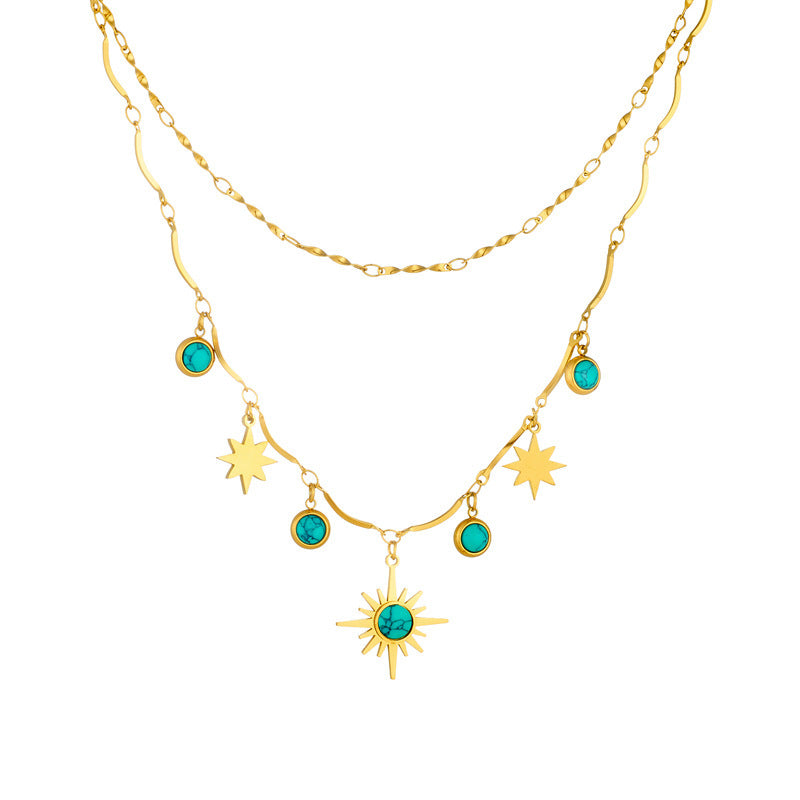 Retro Turquoise Eight-pointed Stars Clavicle Necklace / Double Layer / Jewelry