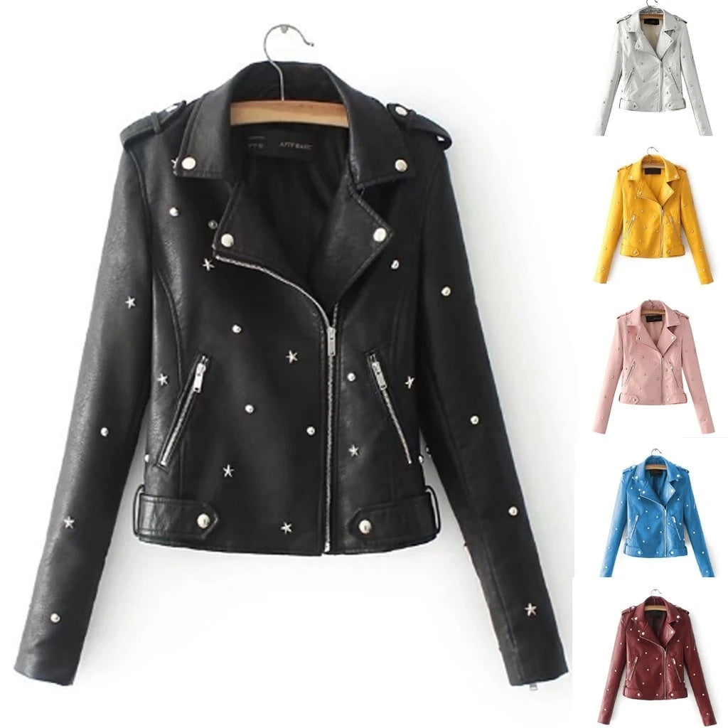 Women's leather jacket with rivet locomotive