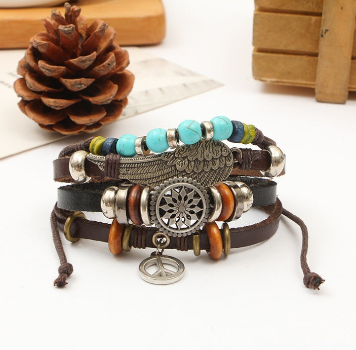 Beaded leather multi-layer bracelet retro punk bracelet / Jewelry / Unisex