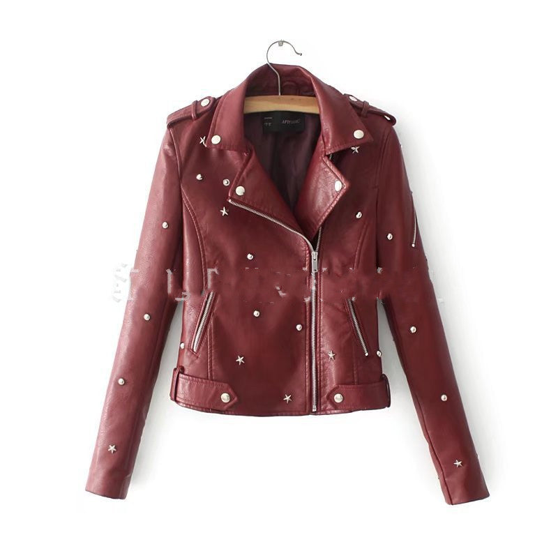 Women's leather jacket with rivet locomotive