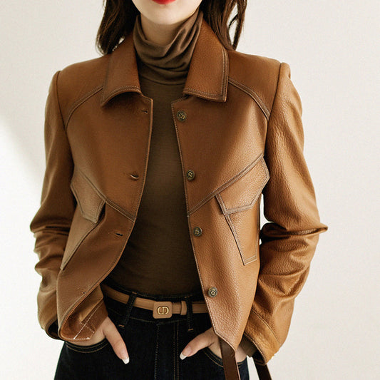 Coat Collar Buckle Leather Women's Short Slim-fitting Jacket