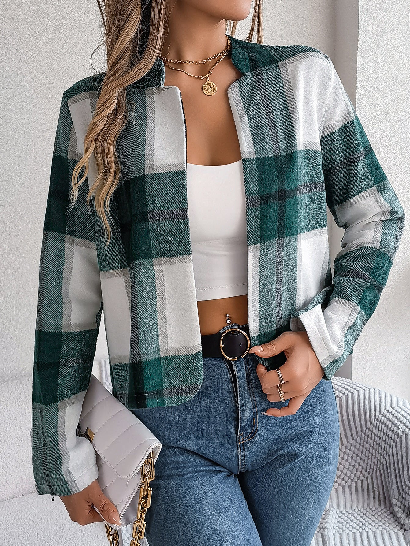 Plaid Woolen Long Sleeve Women's Coat