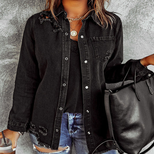 Black Ripped Denim Long Sleeve Coat Jacket