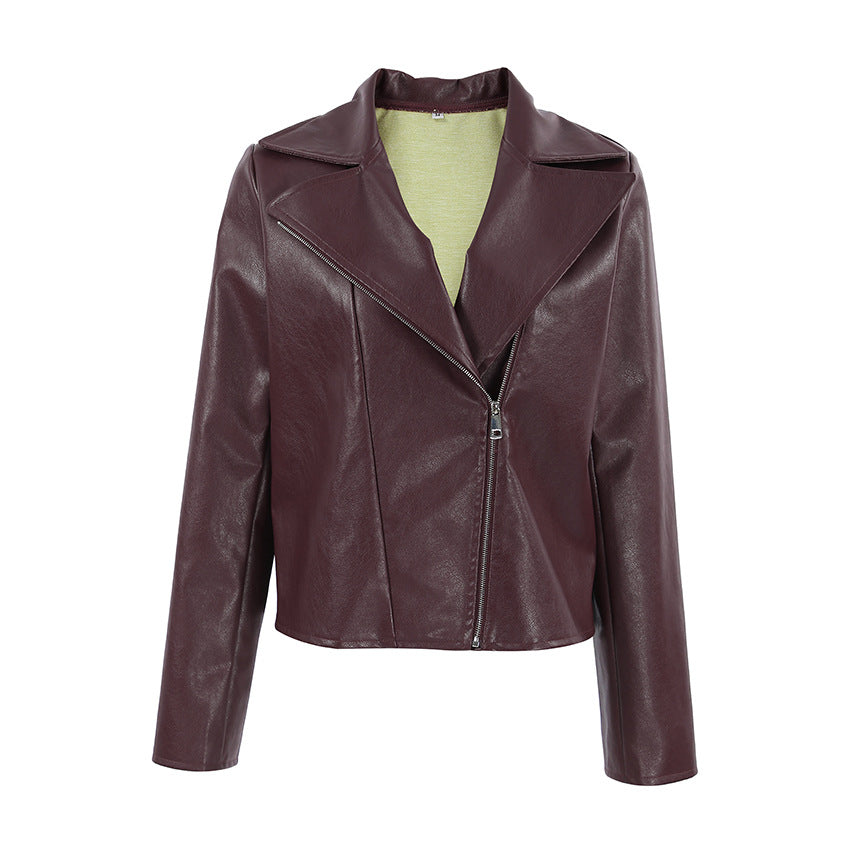 Wine Red Faux Leather Collar Jacket / Long Sleeve