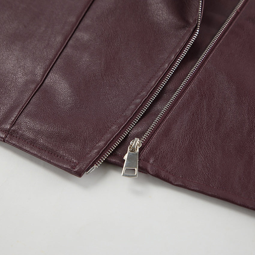 Wine Red Faux Leather Collar Jacket / Long Sleeve