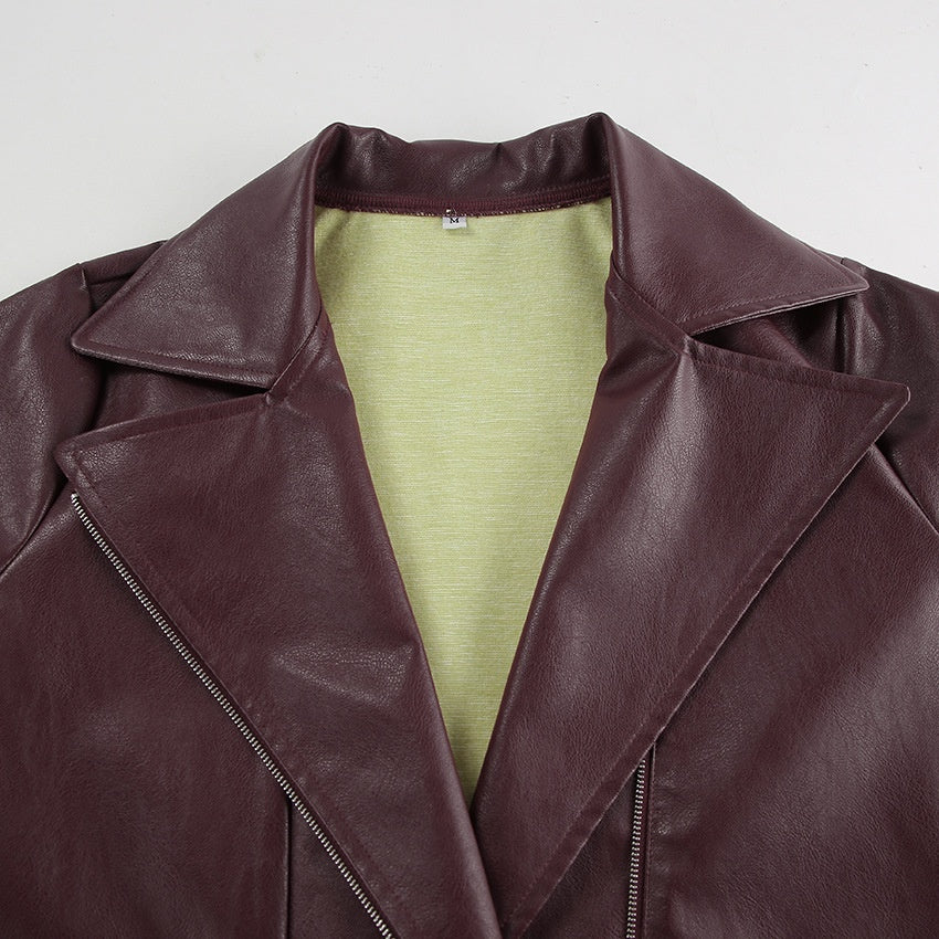 Wine Red Faux Leather Collar Jacket / Long Sleeve