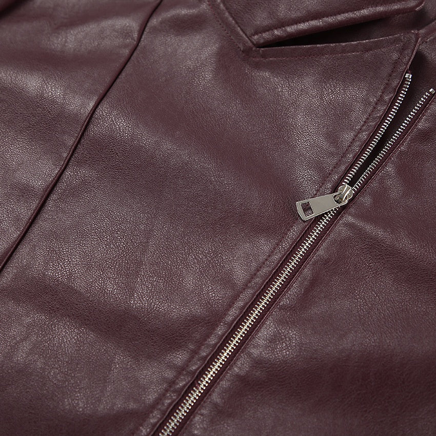 Wine Red Faux Leather Collar Jacket / Long Sleeve