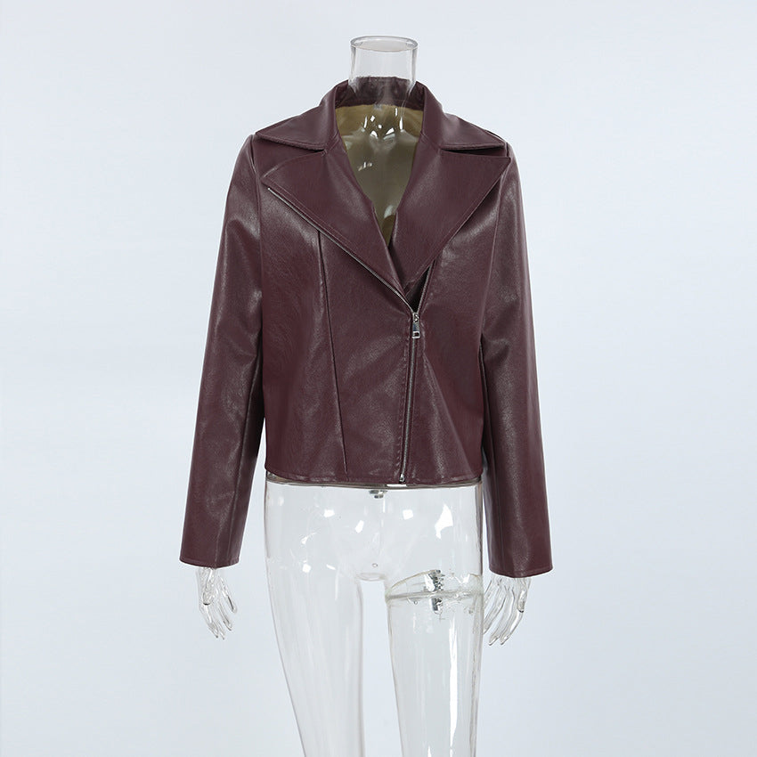 Wine Red Faux Leather Collar Jacket / Long Sleeve