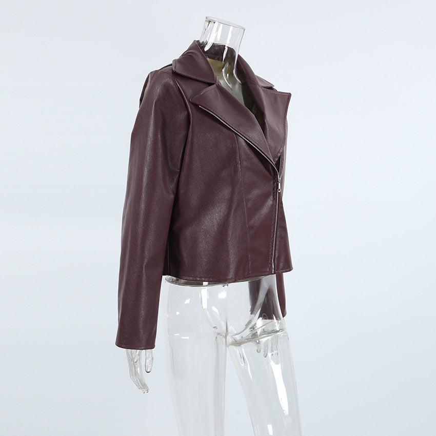 Wine Red Faux Leather Collar Jacket / Long Sleeve