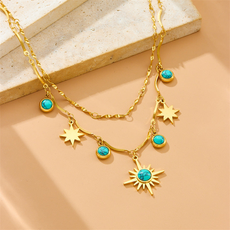 Retro Turquoise Eight-pointed Stars Clavicle Necklace / Double Layer / Jewelry