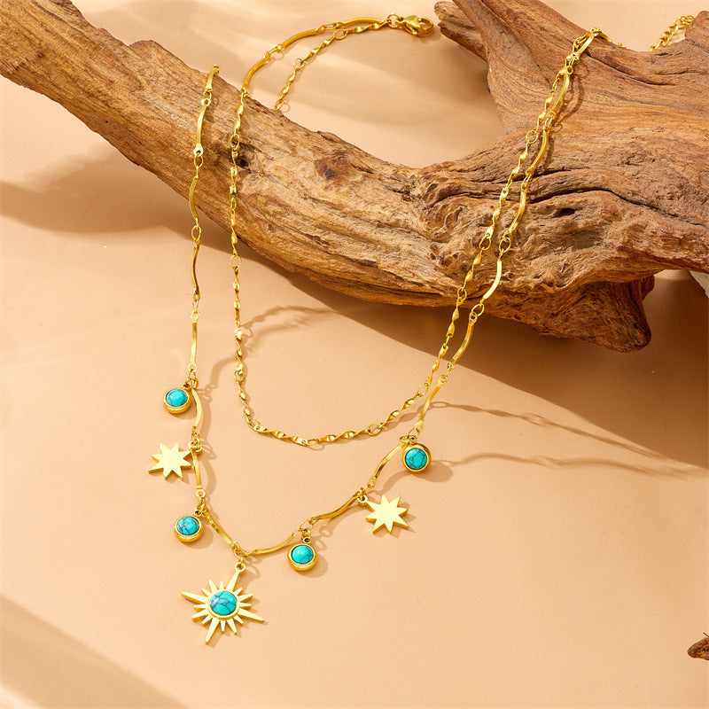 Retro Turquoise Eight-pointed Stars Clavicle Necklace / Double Layer / Jewelry